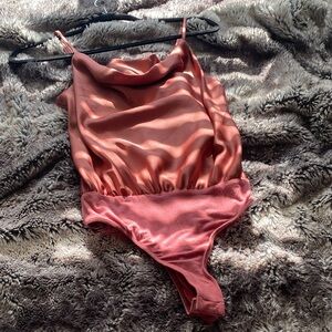 Lulu's Satin Cowl Neck Bodysuit in Rust